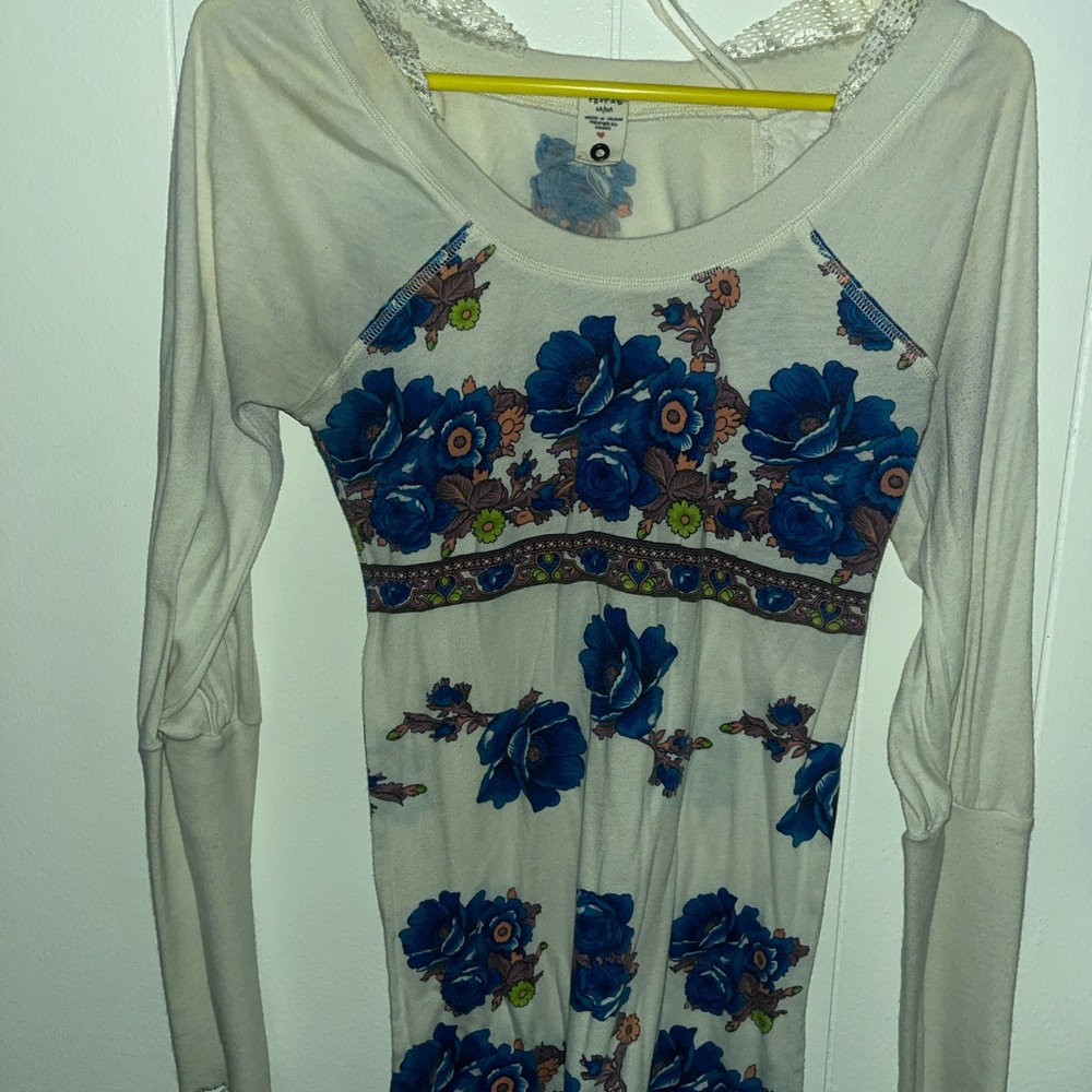 Free People White Dress with Blue Floral Accents
